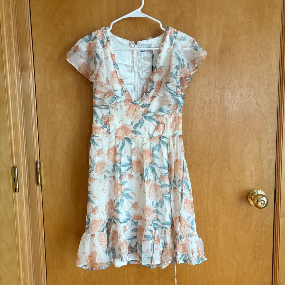 Hello Molly Floral Mini Dress Women Size 4 White Peach Ruffle Flutter Sleeve NEW